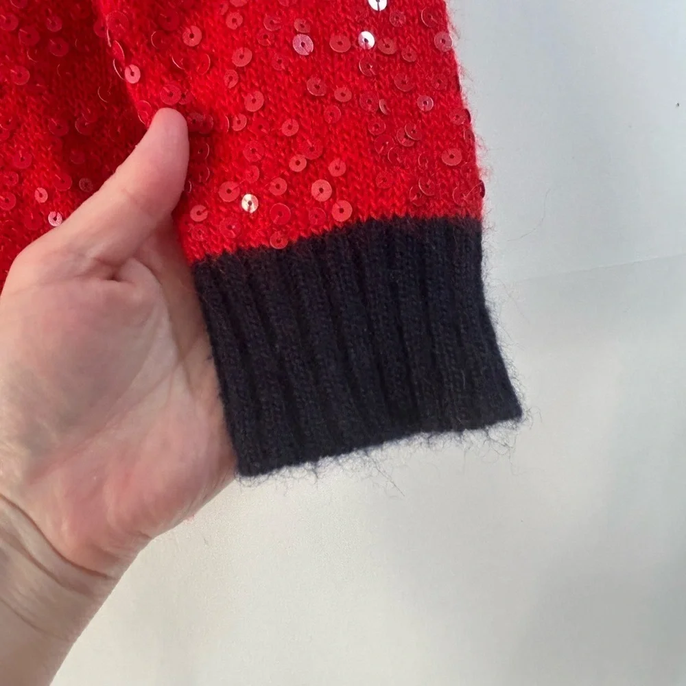 J.Crew Women’s Crew Neck Sweater Red Sequins and Blue Trim 3/4 Sleeves Small